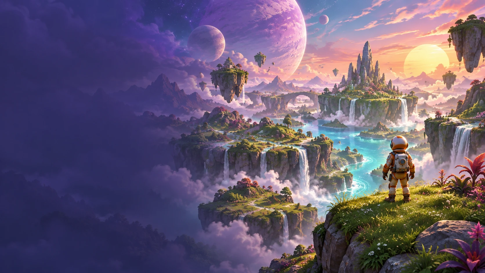 An explorer looks out over floating islands, turquoise rivers and distant planets in an imagined game world.